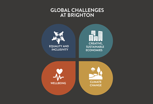 Four colour graphic showing ϲʹ's Global Challenges. Text reads - Equality and inclusivity, Creative, sustainable economies, Wellbeing and Climate Change